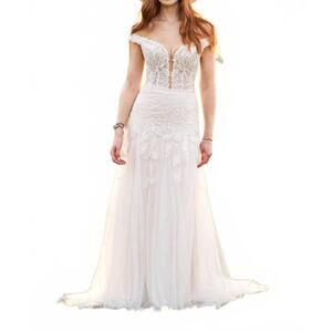 NEW LILLIAN WEST beaded off the shoulder english net trumpet bridal dress in ivo